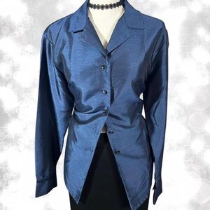 Office Siren Sleek Metallic Dark Blue Long Sleeve Button Top